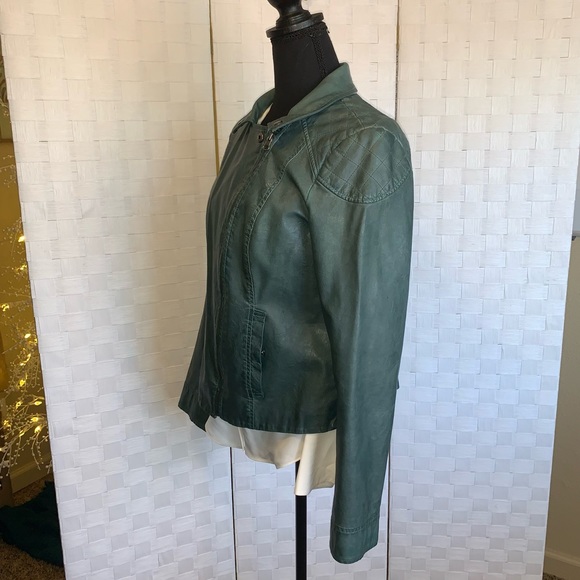 Anthropologie Fayette Vegan Leather Jacket Teal Boho Peplum Women’s Size 12 - Picture 12 of 15